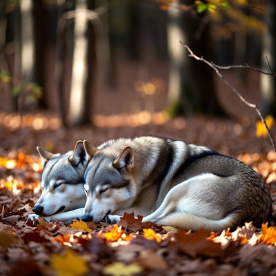 Two Huskies Sleeping in Autumn Forest