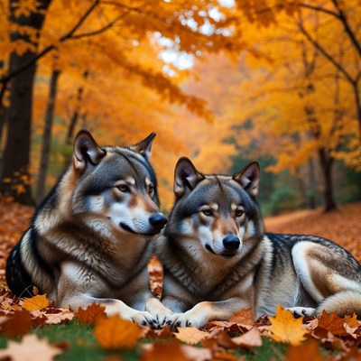 Two wolves in autumn forest