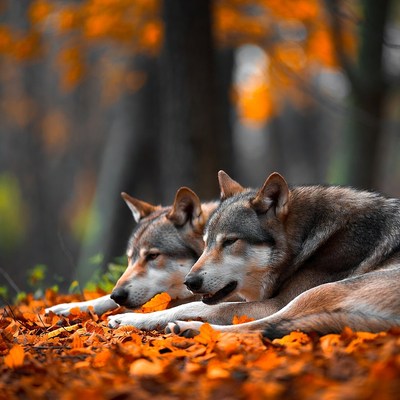 Two Wolves Lying in Autumn Forest