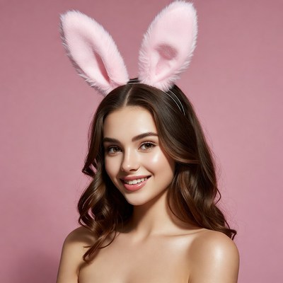 Woman wearing pink bunny ears
