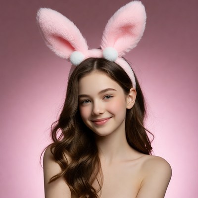 Girl wearing pink bunny ears headband