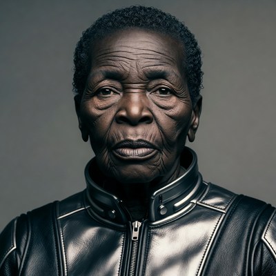 Elderly African-American woman in leather jacket