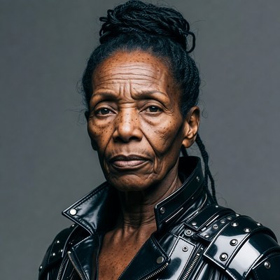 Elderly African-American woman in leather jacket