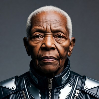 Elderly African-American man in futuristic jacket