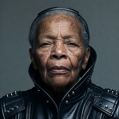Elderly African-American woman in leather jacket