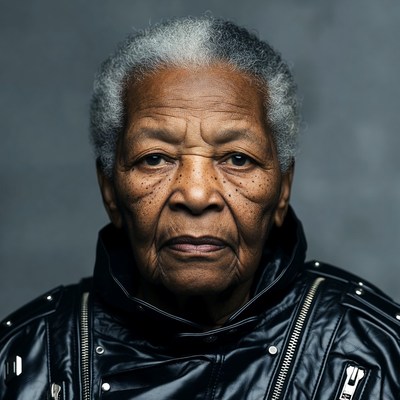 Elderly African-American woman in leather jacket