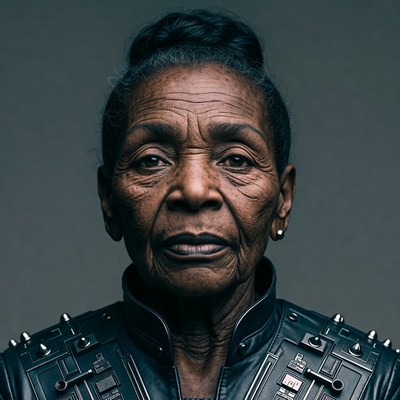 Elderly African-American woman in spiked leather jacket