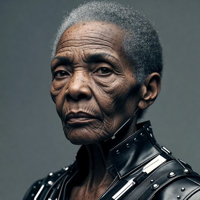 Elderly African-American woman in leather armor