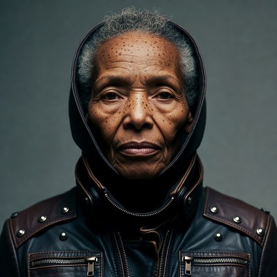 Elderly African-American woman in leather hoodie
