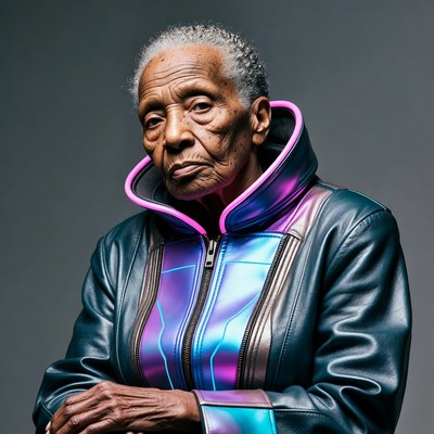 Elderly African-American woman in futuristic jacket