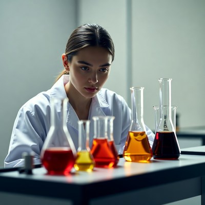 Woman scientist examining colored lab flasks