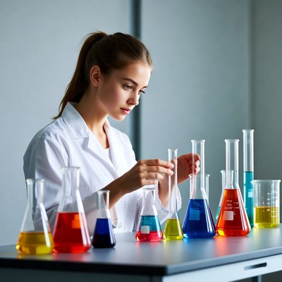 Woman scientist examining colorful lab beakers