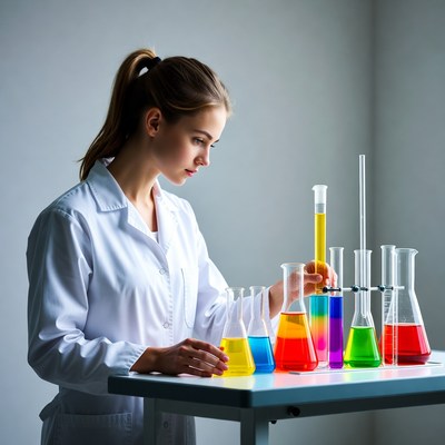 Woman scientist with colorful lab beakers