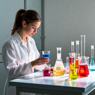 Woman scientist holding blue beaker