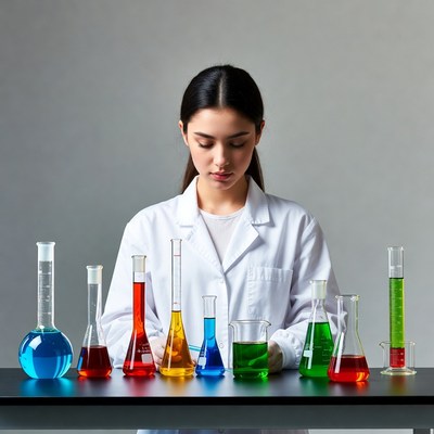 Asian woman scientist with colorful lab beakers
