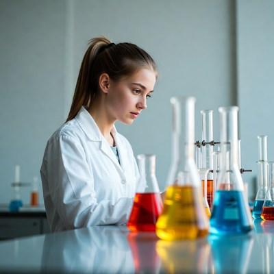 Woman scientist with colorful lab beakers