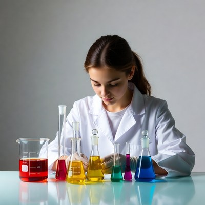 Girl in lab coat with colorful chemicals