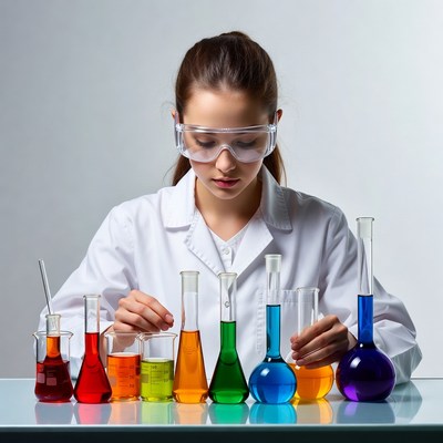 Woman scientist with colorful lab chemicals