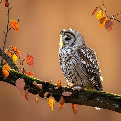 Barred Owl on Mossy Branch with Autumn Leaves