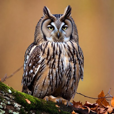 Long-eared Owl on Mossy Branch