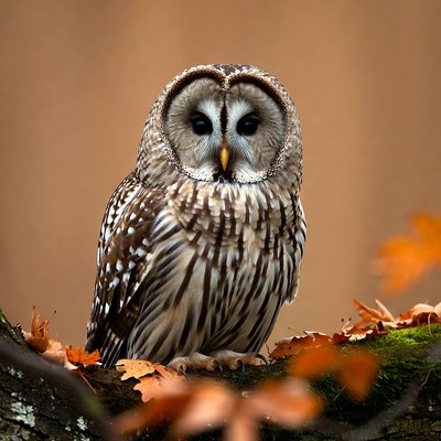 Barred Owl on Autumn Leaves