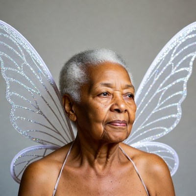 Elderly African-American woman with fairy wings