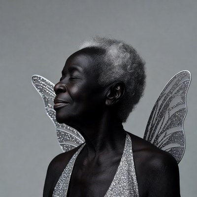 Elderly African-American woman with fairy wings