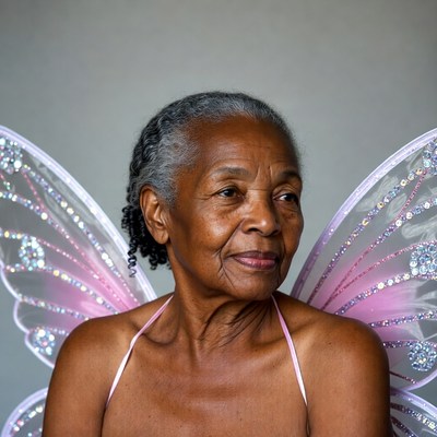 Elderly African-American woman with fairy wings