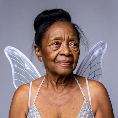 Elderly African-American woman with fairy wings