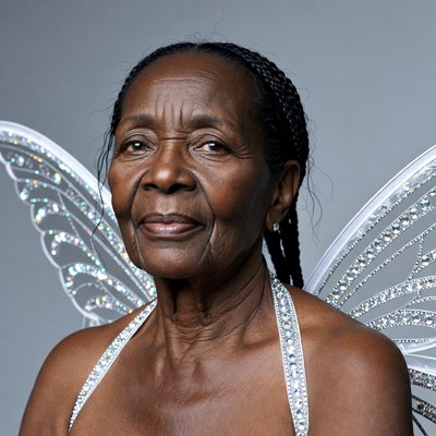 Elderly African-American woman with fairy wings