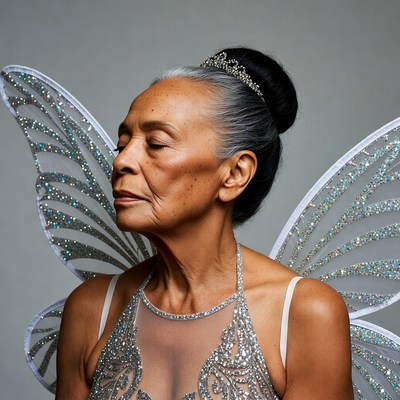 Elderly woman with fairy wings