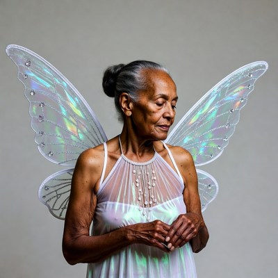 Elderly African-American woman with fairy wings