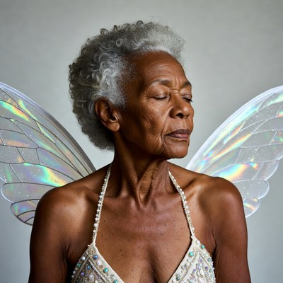 Elderly African-American woman with fairy wings