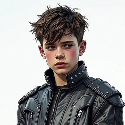 Young boy in studded leather jacket