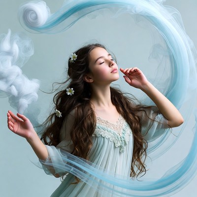 Girl with flowing hair and blue swirls