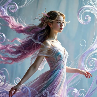 Ethereal Asian girl in flowing purple gown