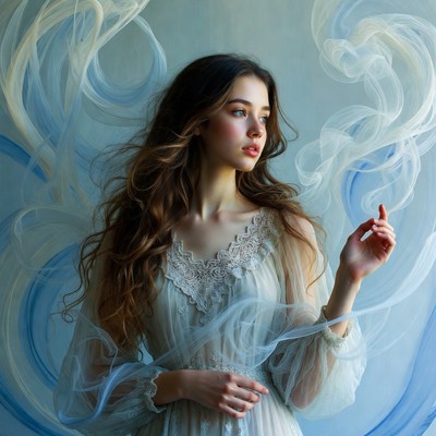 Woman in flowing white dress with mist