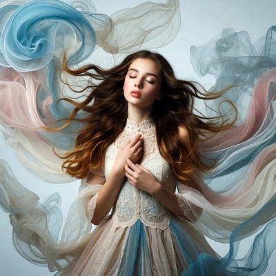 Woman in flowing colorful dress