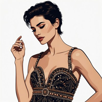 Short-haired woman in beaded dress