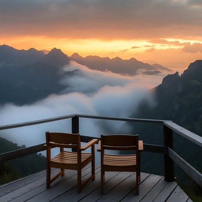 Two Chairs on Deck Overlooking Mountain Sunset