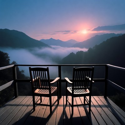 Two Chairs on Deck at Sunset Mountains
