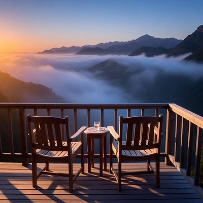 Two Chairs on Deck Overlooking Mountain Sunrise