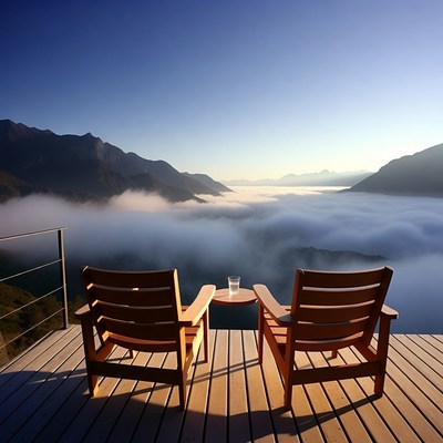 Two Wooden Chairs on Deck Overlooking Mountains