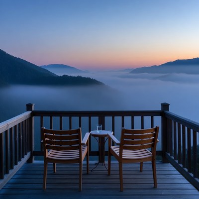 Two Chairs on Deck Overlooking Misty Mountains