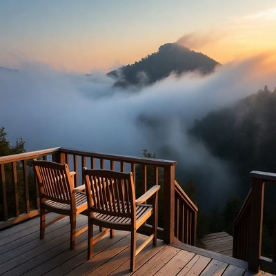 Two Chairs on Deck Overlooking Misty Mountains
