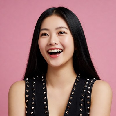 Smiling Asian woman in black studded top