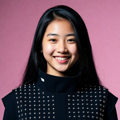 Smiling Asian girl in studded black top