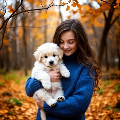 Woman holding puppy in autumn forest