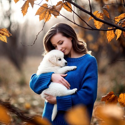 Woman holding white puppy in autumn forest