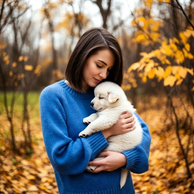 Woman holding white puppy in autumn forest